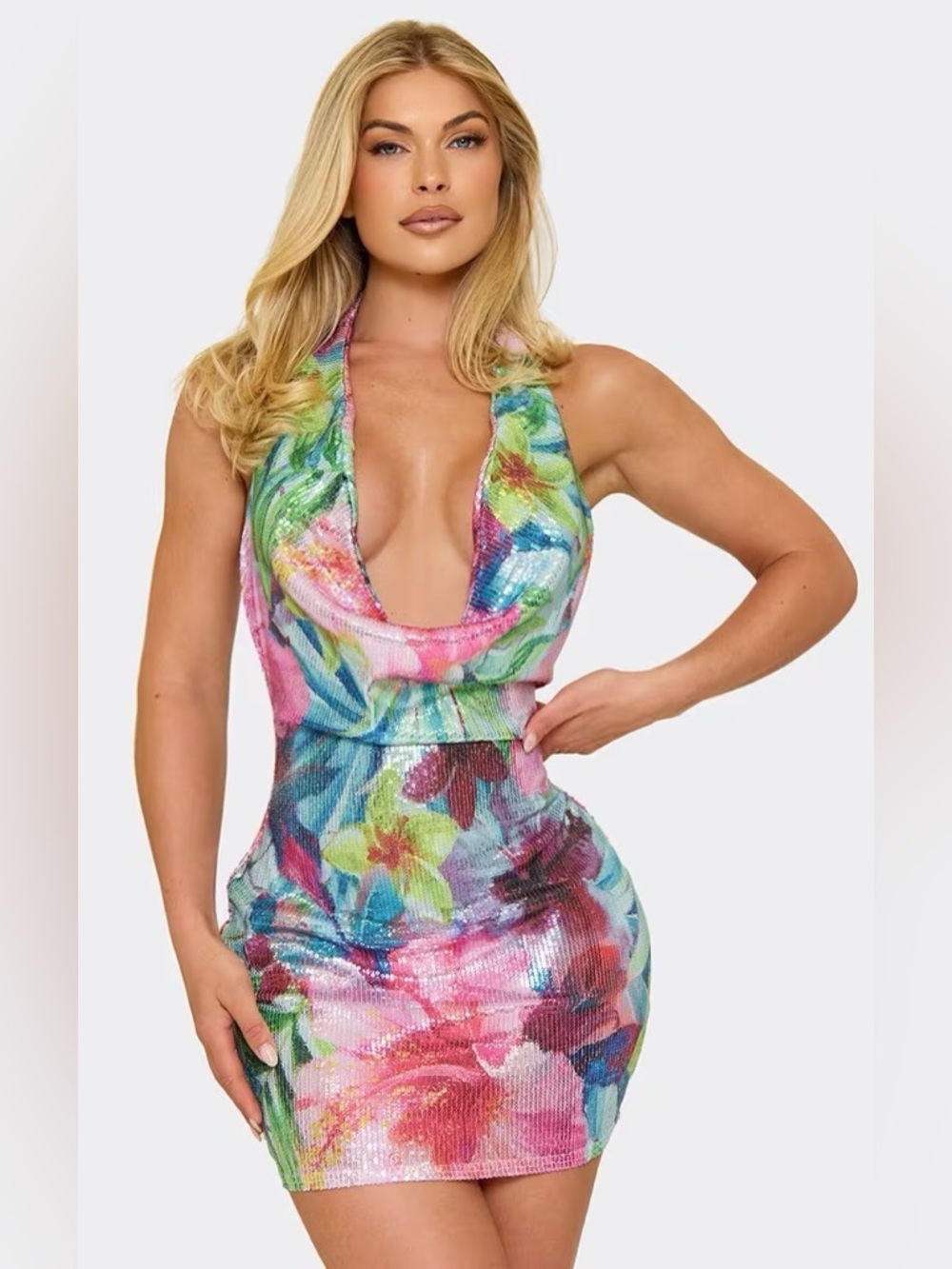 EGO Multicolor Floral Sequin Halter Mini Dress